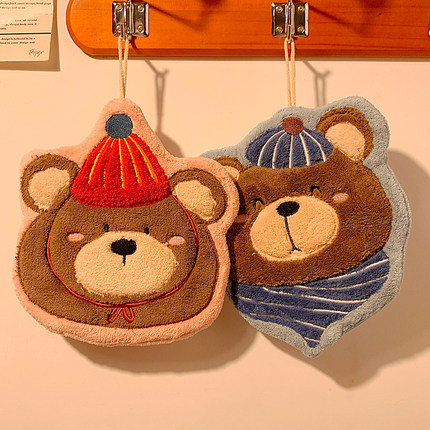 可爱小熊挂式擦手巾超强吸水珊瑚绒加厚毛巾卫生间厨房手帕