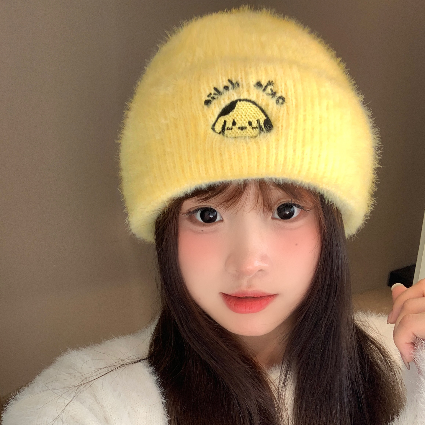 可爱刺绣小狗毛绒针织帽子女秋冬