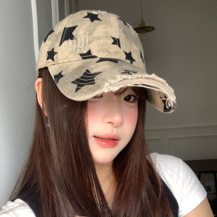 美式 复古做旧破洞星星印花棒球帽女春夏大头围显脸小遮阳鸭舌帽子