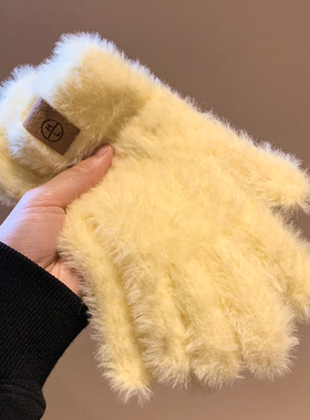 简约毛绒针织黄色手套女冬季加绒加厚分指可触屏学生骑车保暖防寒
