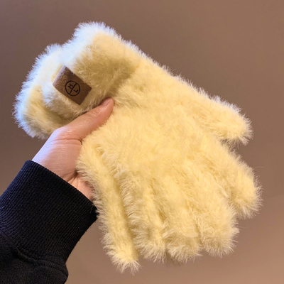 简约毛绒针织五指手套女冬季保暖