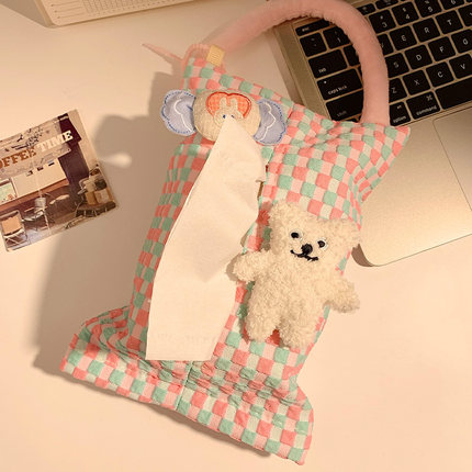 韩系奶油风布艺抽纸盒挂式可爱车载椅背收纳袋汽车内用餐巾纸巾盒