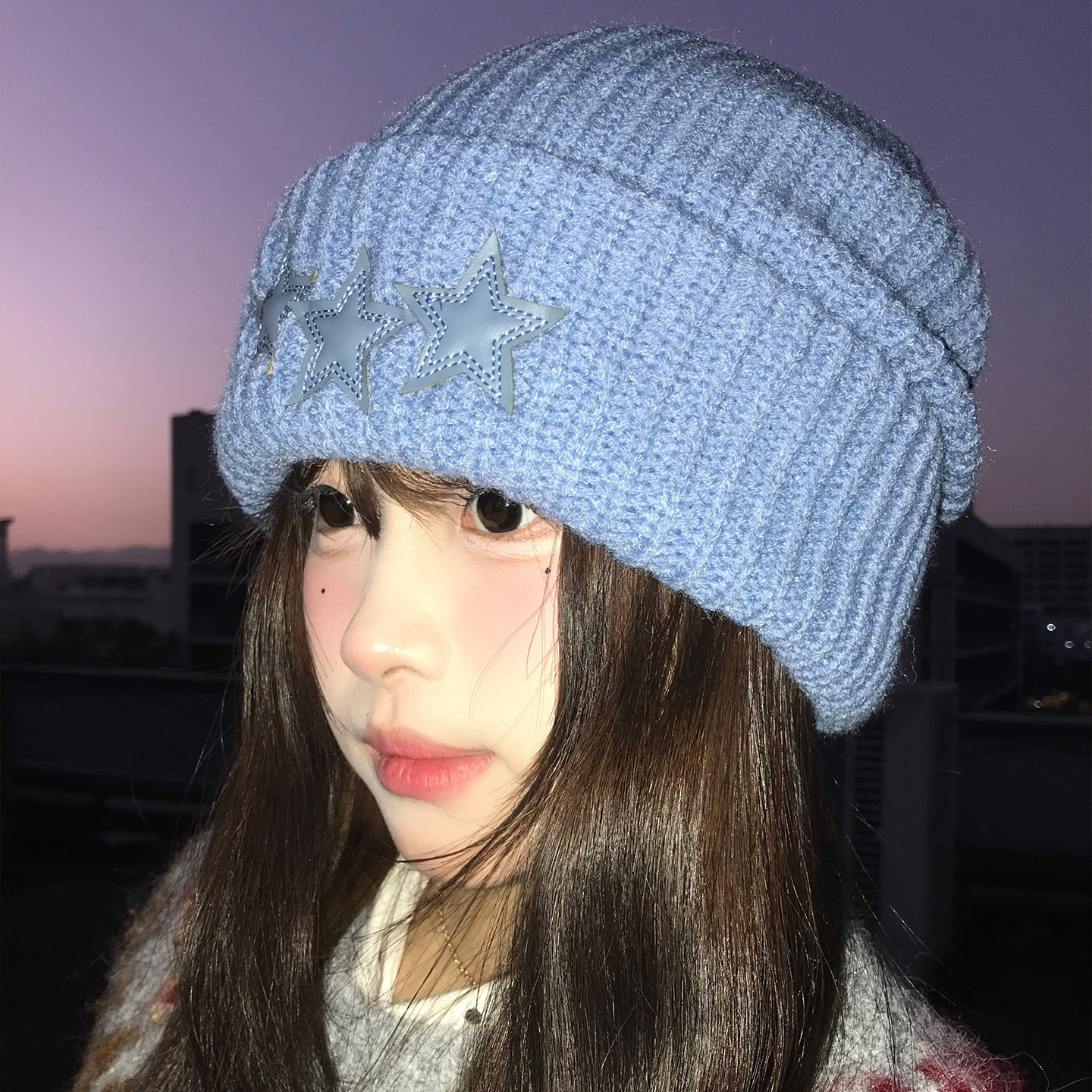韩版蓝色星星针织帽子女款保暖