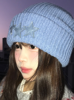 蓝色针织帽子女款2025冬季保暖百搭韩版星星大头围包头毛线帽冷帽