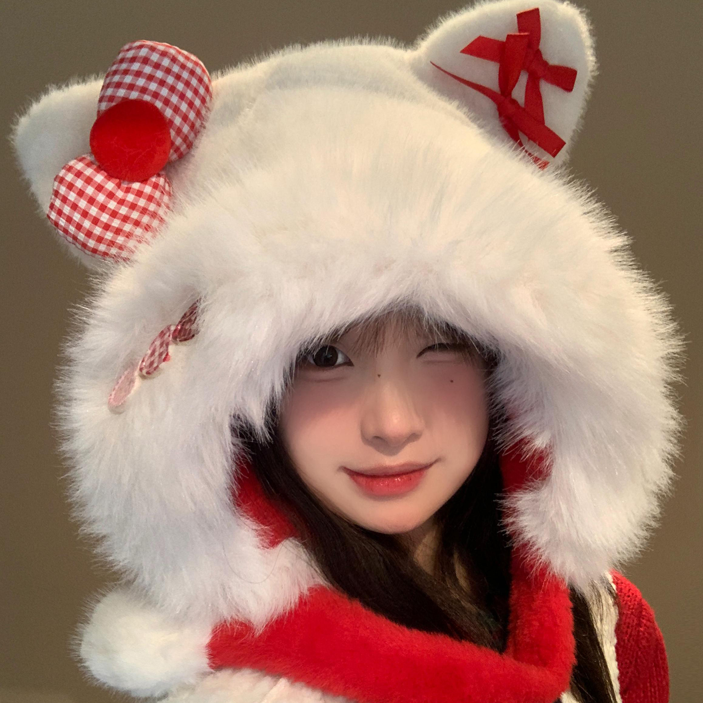 可爱蝴蝶结猫耳朵毛绒帽