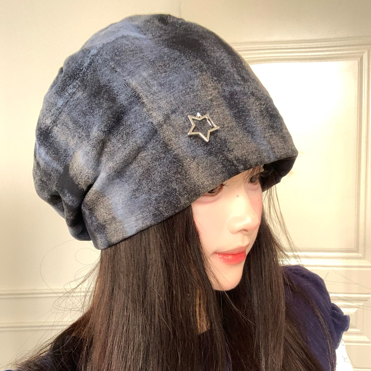 星星晕染堆堆帽女春秋韩版复古显脸小包头帽大头围宽松百搭冷帽子