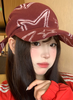 美式复古星星红色绑带头巾鸭舌帽子女春夏大头围显脸小遮阳棒球帽