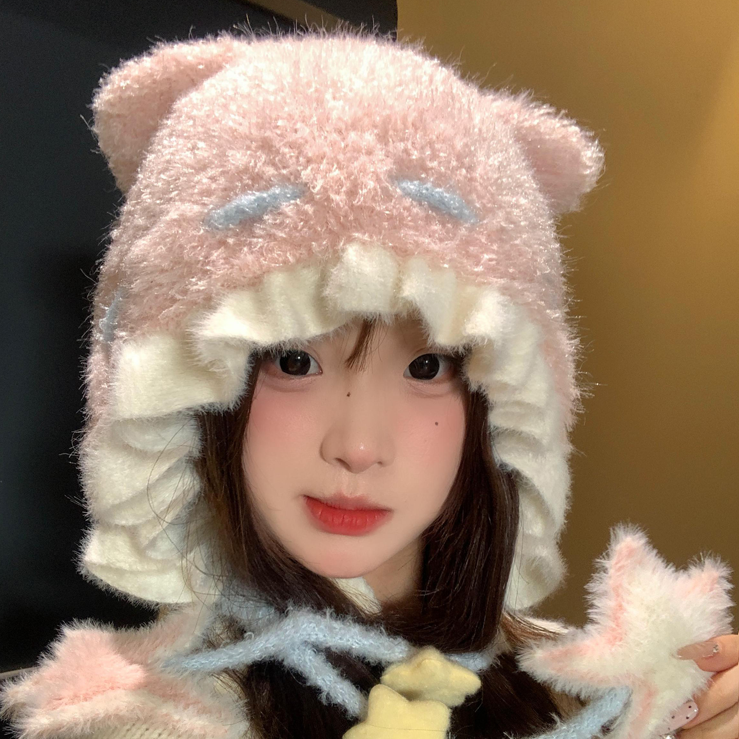 可爱星星小熊耳朵毛绒针织帽子