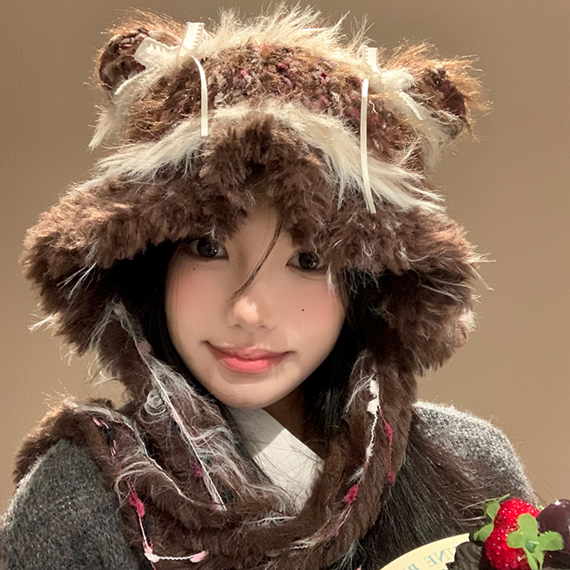 可爱耳朵条纹针织毛绒帽子女秋冬