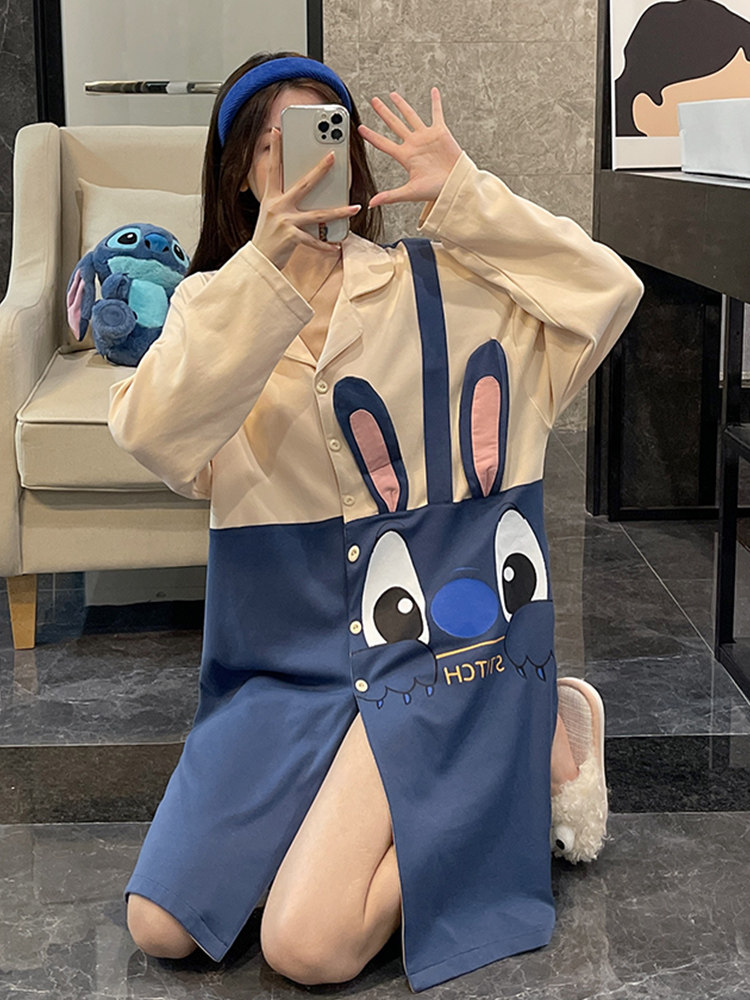 잠옷 여성 봄 가을 잠옷 긴 소매 코튼 가디건 2022 새로운 블루 대형 여름은 집 옷 밖에서 입을 수 있습니다