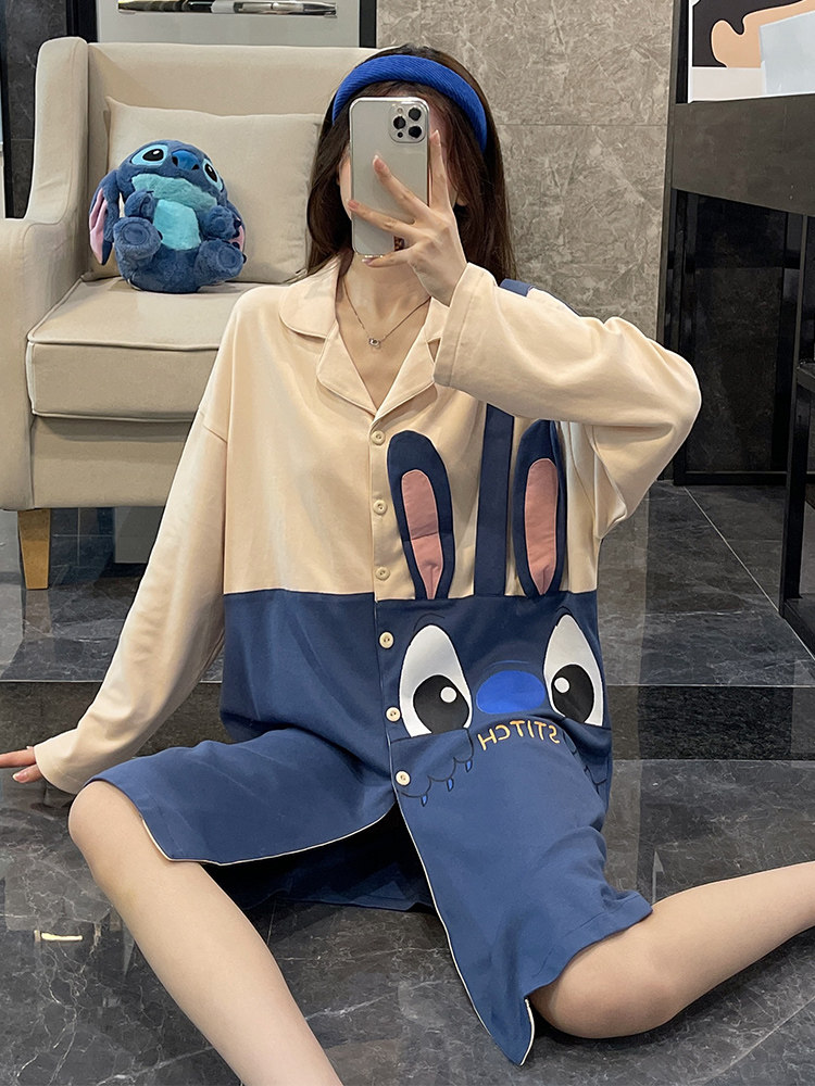 잠옷 여성 봄 가을 잠옷 긴 소매 코튼 가디건 2022 새로운 블루 대형 여름은 집 옷 밖에서 입을 수 있습니다