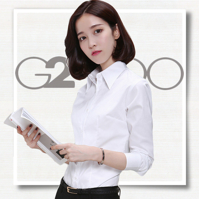 G200 OL女长袖衬衫V领修身韩版职业正装显瘦棉工作服大码免烫