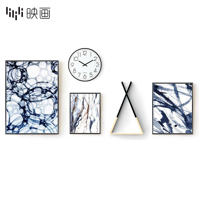 蓝色客厅组合装饰画创意沙发墙面三联抽象挂画室内装饰壁画背景墙图片