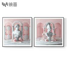 正方形创意样板房装 饰画大卫雕像粉色卧室双联沙发墙玄关背景挂画