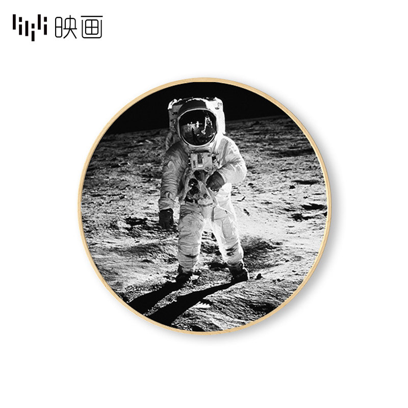 黑白英文挂画客厅沙发背景墙挂画圆形装饰画月球太空宇航员组合画