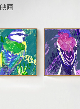 北欧装饰画绿色紫色撞色挂画抽象艺术文艺鹦鹉正方形鸟壁画客厅