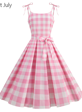 原创甜美芭比粉色格子少女收腰大摆蝴蝶结吊带连衣裙夏减龄气质