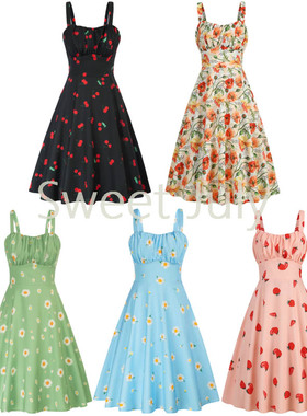 原创小清新少女小邹菊草莓印花吊带连衣裙子夏中长款甜美气质减龄