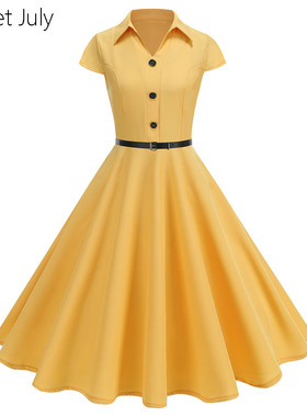 原创法式年代感翻领衬衫大摆黄色连衣裙夏中长款舞蹈派对表演出服