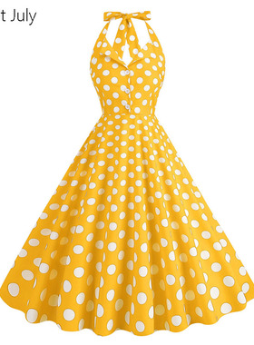 原创黄色波点挂脖连衣裙子大摆显白舞蹈派对聚会野餐露背中长复古