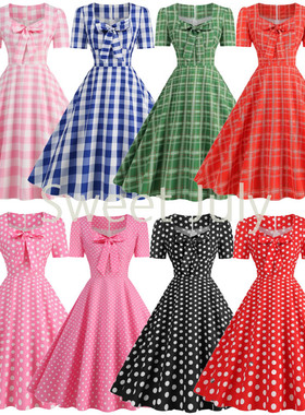 原创蝴蝶结格子连衣裙子大摆减龄伴舞蹈演出服学生女团野餐派对夏