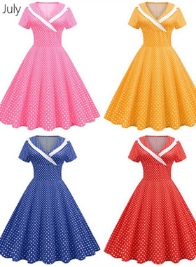 原创复古少女赫本风翻领短袖收腰大摆垂感波点连衣裙子舞蹈演出服