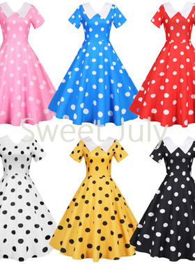 原创糖果色学生开场伴舞波点连衣裙大摆短袖翻领复古年代感表演服