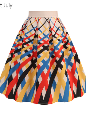 原创设计感抽象条纹印花高腰百褶中长半身裙复古百搭显瘦夏季裙子