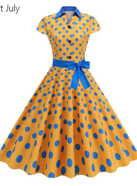 原创港风怀旧赫本气质复古派对舞蹈表演出服收腰大摆波点连衣裙夏