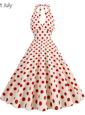 原创法式女神范港风少女V领波点挂脖连衣裙子夏度假派对演出服夏