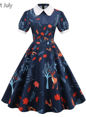 原创法式洋气复古宫廷印花连衣裙polo领80年代感怀旧大摆表演出服