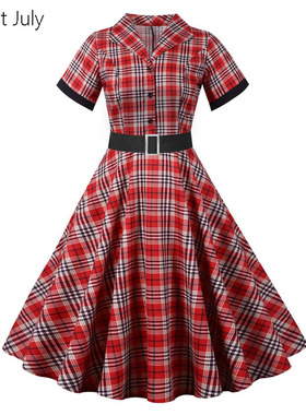 原创polo领气质短袖格子衬衣连衣裙复古赫本风80年代感收腰大摆夏