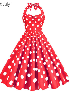 原创港风波点挂脖连衣裙露背舞蹈派对聚会表演出服女度假大摆裙子