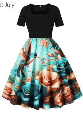 原创欧美复古短袖油画印花连衣裙显瘦大码女装遮肚夏大摆过膝长裙