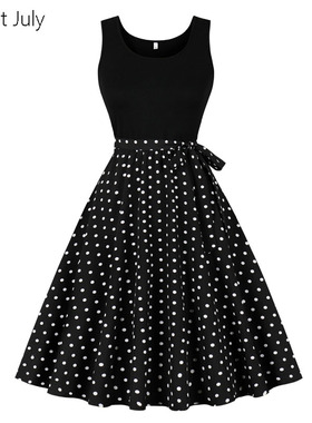 赫本复古年代感黑色波点拼接大摆无袖背心连衣裙夏女装显瘦度假裙