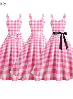 原创粉色格子吊带连衣裙子夏季收腰大摆垂感舞蹈表演出服少女港风