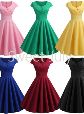 原创V领短袖夏季收腰复古赫本风大摆中长过膝表演出服女装连衣裙