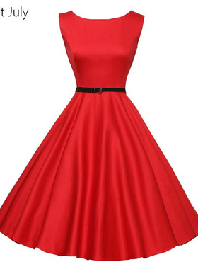 原创女神红色无袖收腰大摆垂坠感中长表演出服度假复古背心连衣裙