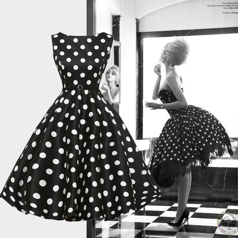 小众50年代复古赫本黑白背心波点蓬蓬大摆连衣裙表演舞服Vintage