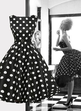 小众50年代复古赫本黑白背心波点蓬蓬大摆连衣裙表演舞服Vintage