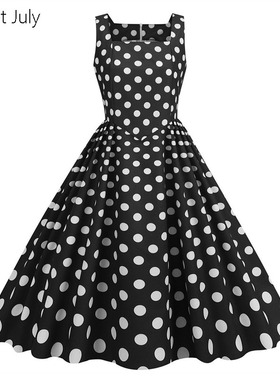 原创赫本无袖波点背心连衣裙夏收腰大摆垂感中长复古港风表演出服