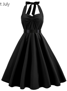 法式复古赫本风小黑裙无袖挂脖露背收腰显瘦气质大摆连衣裙舞蹈服