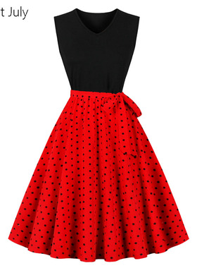 复古港风波点大摆连衣裙无袖V领收腰绑带中长款夏季女装表演派对