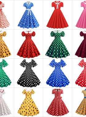 港风复古短袖波点连衣裙娃娃领舞台表演出年会舞蹈派对中长大摆裙