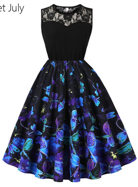 原创复古油花拼接蕾丝无袖夏美式气质显瘦连衣裙大摆裙子表演出服