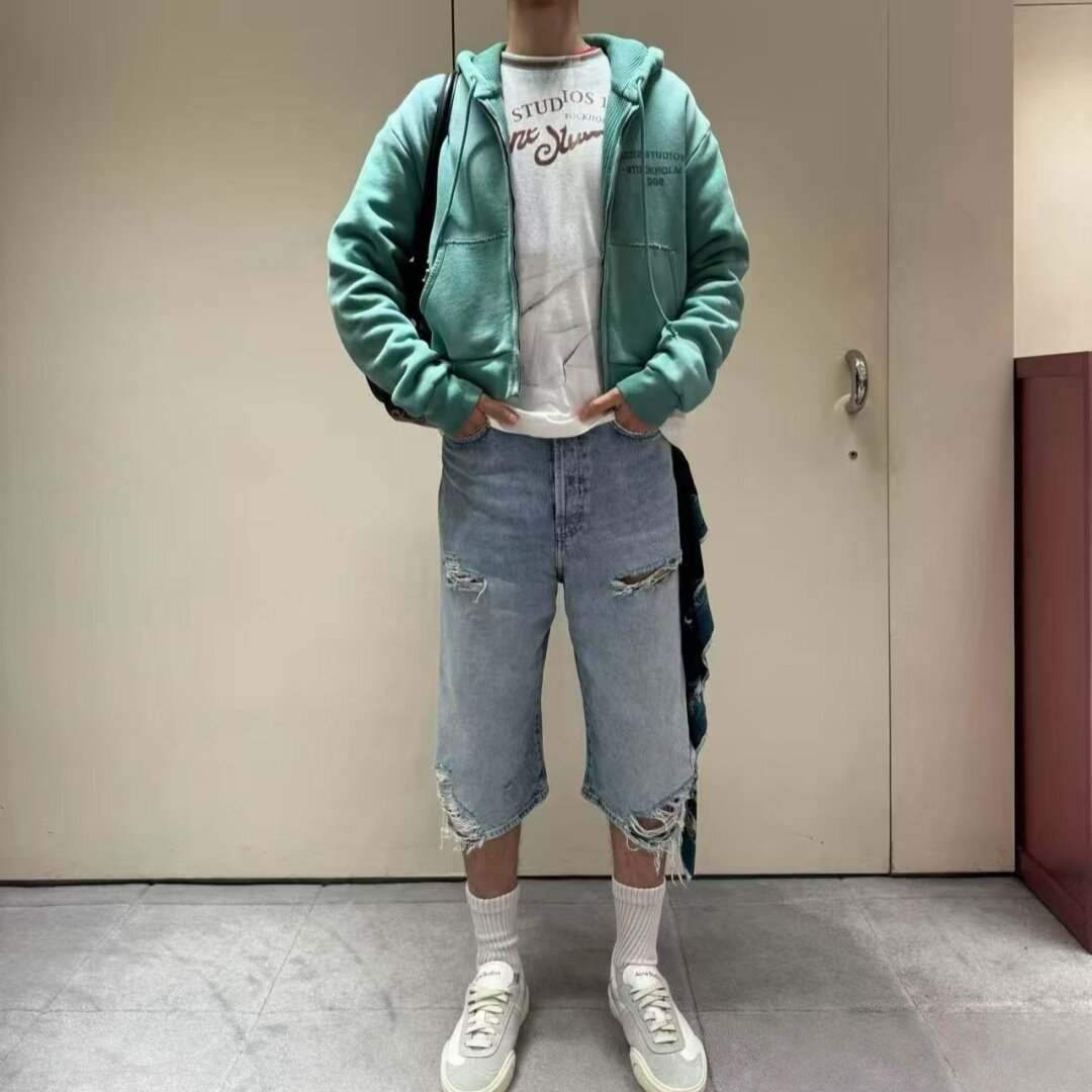 LappyAS风格男复古水洗宽松破坏低腰牛仔七分裤休闲舒适情侣短裤