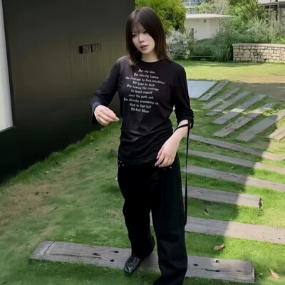 Lappy暗黑先锋黑色飘带修身T恤