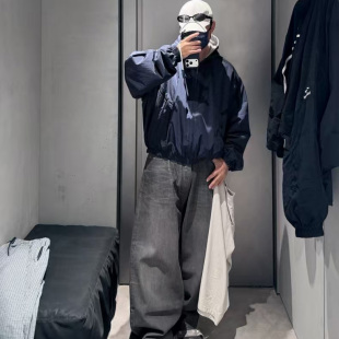 Lappy25新款重工竹节纹深灰色刷蜡涂层廓形牛仔裤复古巴黎风长裤