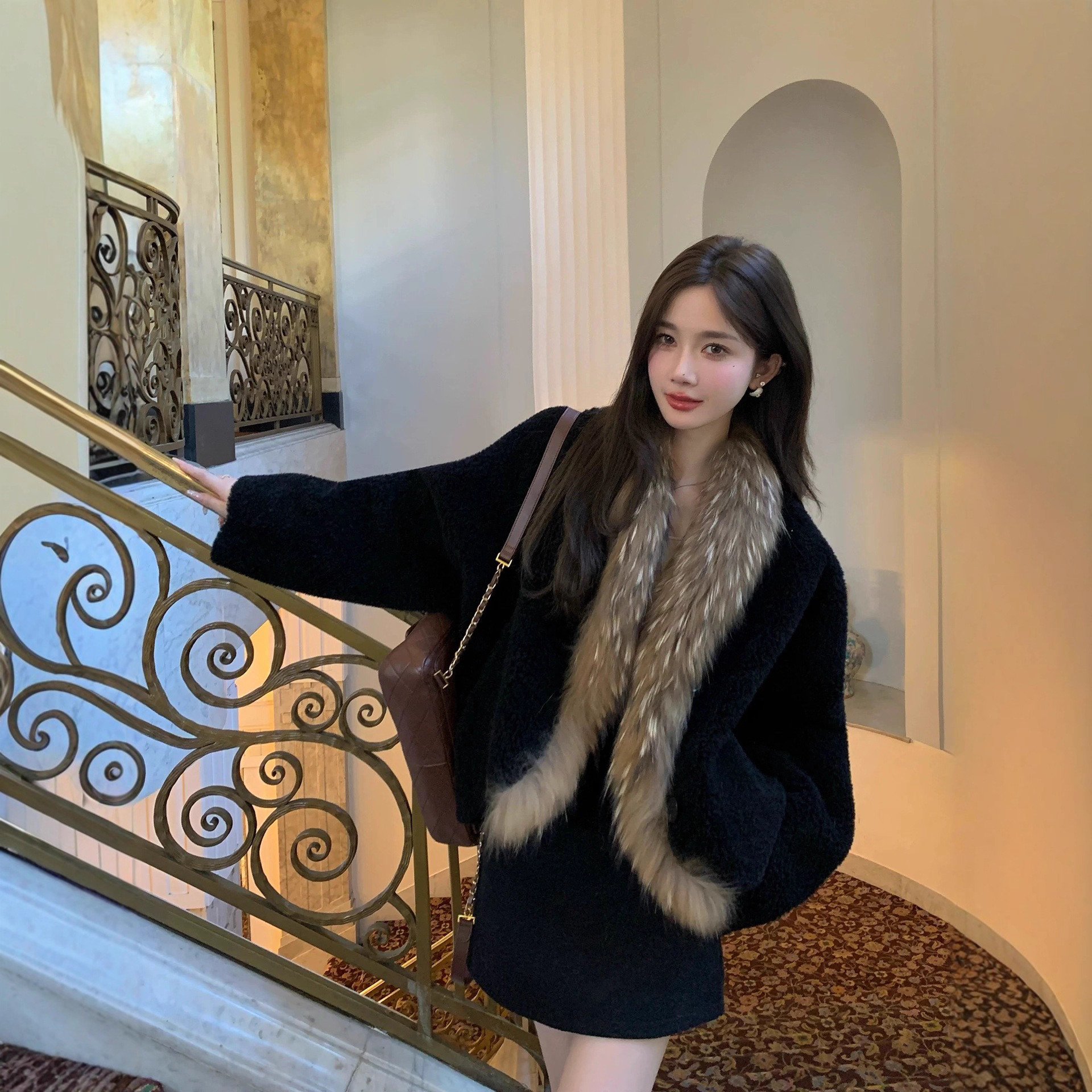 【贵女轻奢】100绵羊毛皮毛一体外套女羊羔毛皮草貉子毛领冬新款