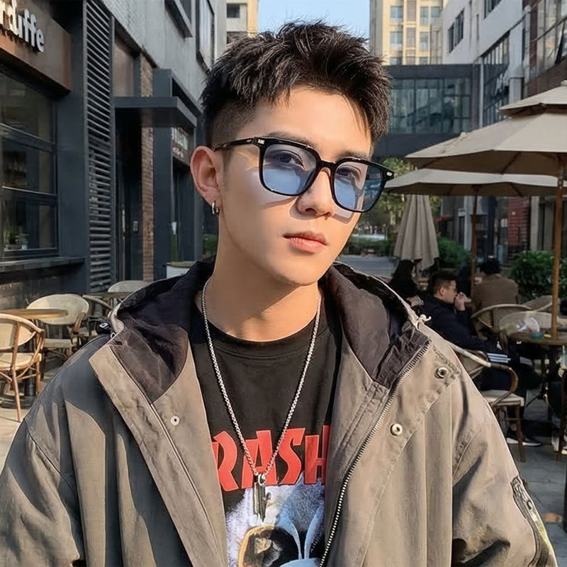 韩国蓝色太阳镜透明黄色镜片方框复古街拍小红书潮人墨镜个性嘻哈